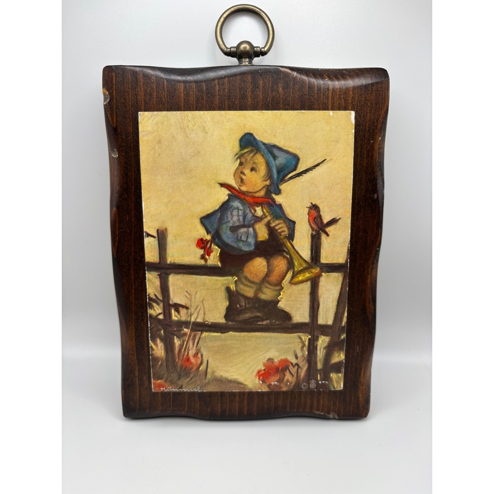 Vintage Hummel Boy with Horn Wood Wall Plaque Vestgard Plaque Co Montana 7x5.25